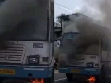 പുനലൂരില്‍ ഓടിക്കൊണ്ടിരുന്ന കെഎസ്ആർടിസി ബസിന് തീപിടിച്ചു
